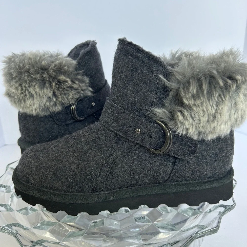 BEARPAW Women's Gray Wool Blend‎ Faux Fur Cuff Winter Ankle Boots Size 6